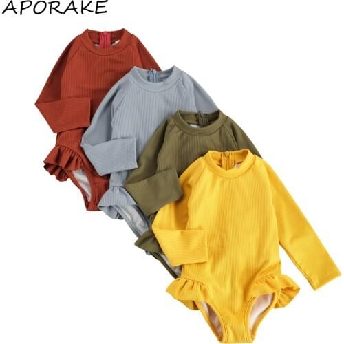 2020 0-5Y Kids Baby Girls One Piece Swimwear Long Sleeve Round Neck Back Zipper Ribbed Triangle Crotch Autumn Holiday Beachwear