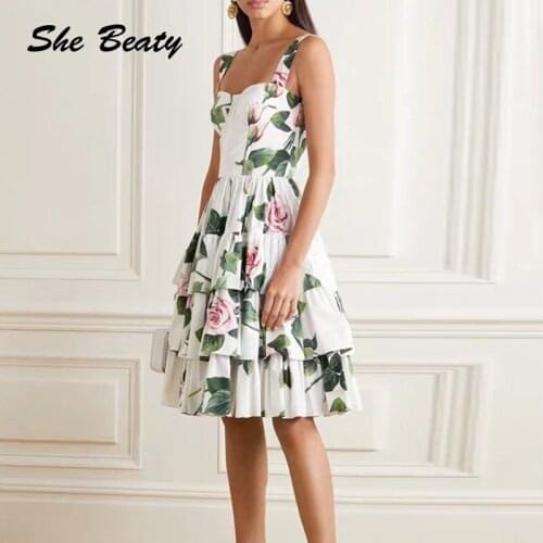 2021 Runway Fashion Spaghetti Strap Dress Women Vintage Floral Printed Rose Flower Sexy Sleeveless Party Chic Mini Dresses Mujer