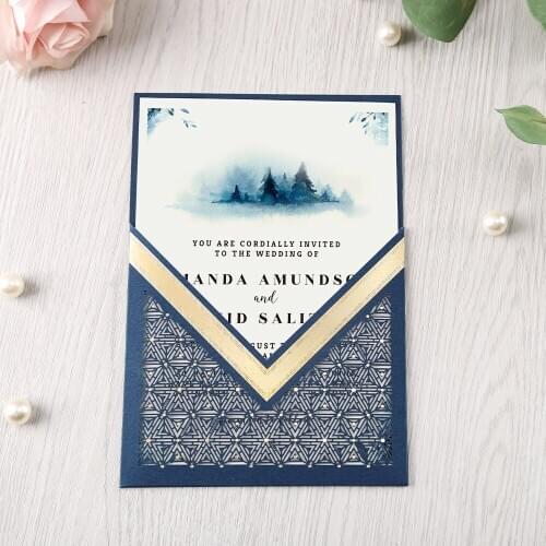 50pcs Navy Blue Red Gold Burgundy Vertical laser cut Quinceamera Anniversary party invitation CW0009