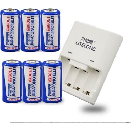 6pcs 3V 1300mAh CR123A 16340 rechargeable lithium battery Li-ion battery+ 1pcs CR123A / CR2 universal charger