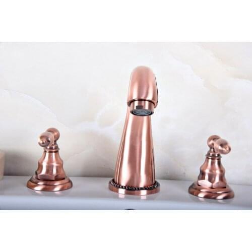 Antique Red Copper Double Handle Deck-Mount Three Hole Widespread Bathroom Lavatory Bathtub Basin Faucet Sink Mixer Tap drg082