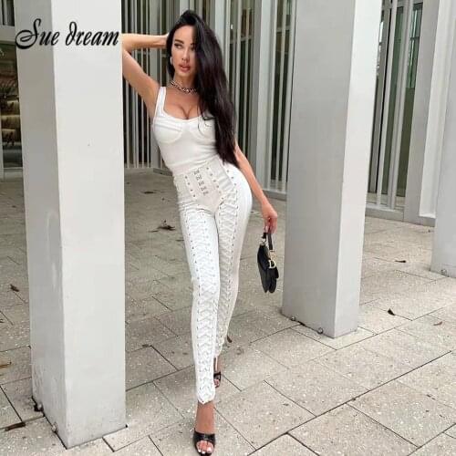 Top Quality Women Black White 2 Pieces Set Sexy Side Criss Cross Rayon Bandage Set Full Length Party Fashion Set