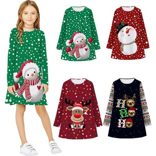 Kids Girls Christmas Snowman Elk Printed Costume Baby Child Cute Long Sleeve Pullover Party X-Mas New Year Outfit Dress 9T-12T