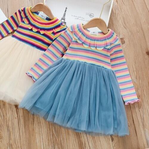 Long sleeve rainbow striped print girl dress sweet round neck mesh stitching princess dress spring cotton children clothes