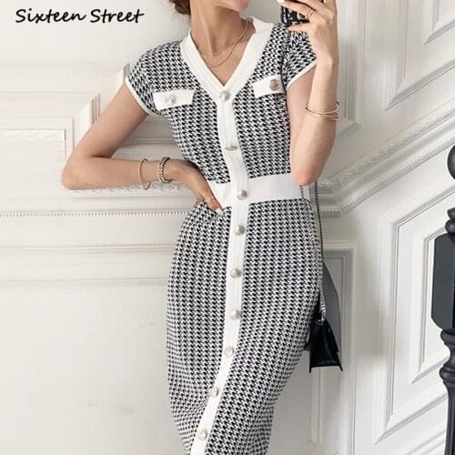 Elegant V-neck Knitted Dress for Woman Single-breasted Wool Plaid Party Dresses Vestido Korean Business Work Short-sleeve Dress