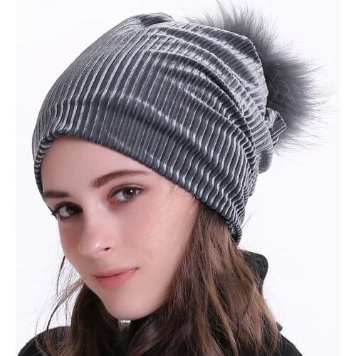 Geebro Womens Ribbed Beanie Hat with Raccoon Pompom Soft Warm Velour Slouchy Hats for Lady Balavaca Skullies&Beanies Bonnets