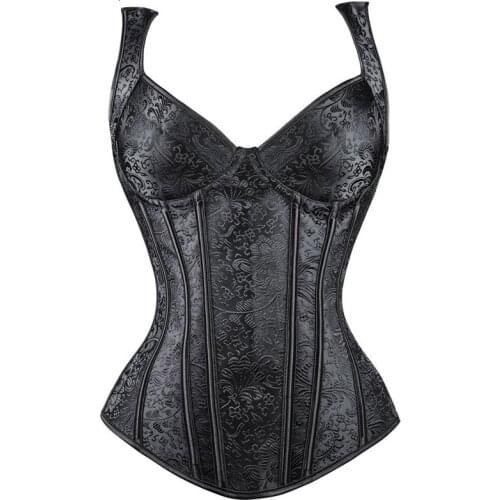 Womens Shoulder Steampunk Corset Vest Sexy Gothic Overbust Corset Top PU Leather Lace Up zipper Side Corsets and Bustiers
