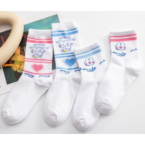 Korean Style Love Striped Socks Women Fashion Trend Simple Wild Sports Japanese Kawaii Harajuku Cute Bunny Crew Socks Cotton