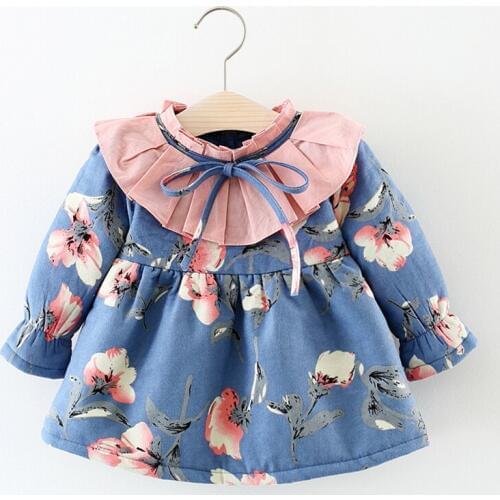 Cute Infant Kids Dresses for Girls 2019 Korean Velvet Warm Cotton Dress Toddler Baby Long Sleeve Bowknot Dress Children Clothing