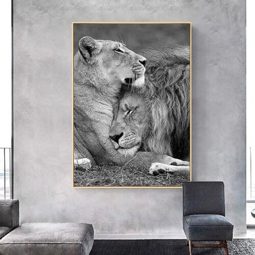 Modern Black and White Africa Lion Canvas Painting Animal Family Posters and Prints Wall Art Pictures for Living Room Decoration