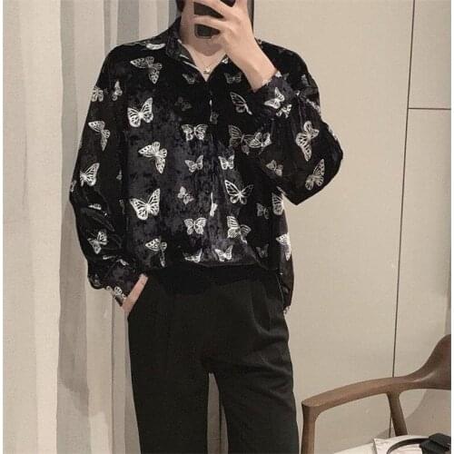 Vintage Velvet Shirts Women Men Autumn Butterfly Pattern Long Sleeve Loose Unisex Blouse Y2k Hipster Streetwear Velour Tops