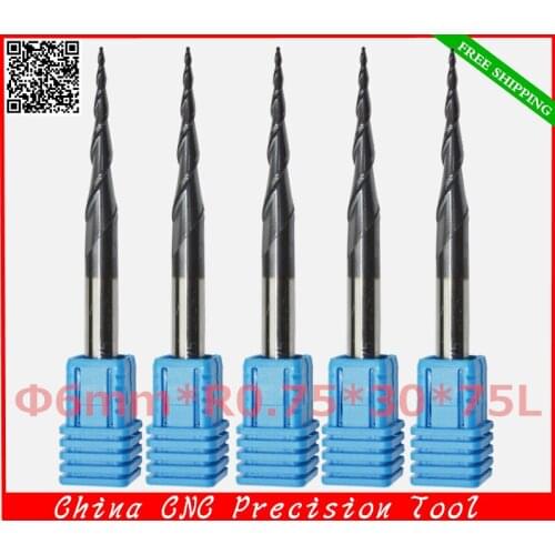 5PCS-Free shipping,6mm*R0.75*30*75L,CNC tungsten solid carbide milling cutter,wood cutting tools,engraving bit,wood milling tool