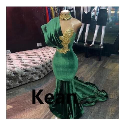 Green Velour Mermaid Evening Dress Golden Lace Dubai Arabic Saudi Arabian Prom Dress Custom Made Plus