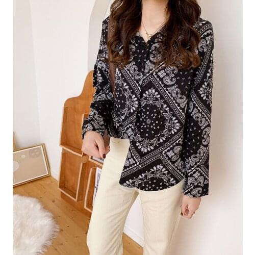 Womens Retro Lapel Long-sleeved Printed Chiffon Shirt Korean Loose Loose Top Crop Spring Summer Black White Long-sleeved Shirt