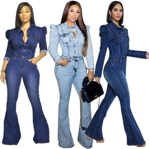 Fall Clothes Long Sleeve Jeans Jumpsuit Women High Waist One Piece Outfit Casual Plus Size Jumpsuit Wholesale Dropshipping