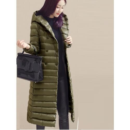 Autumn Winter Female Down Outwears Women Slim Light Thin Down Jackets Long Casual Hooded 90% White Duck Down Coats RE2044