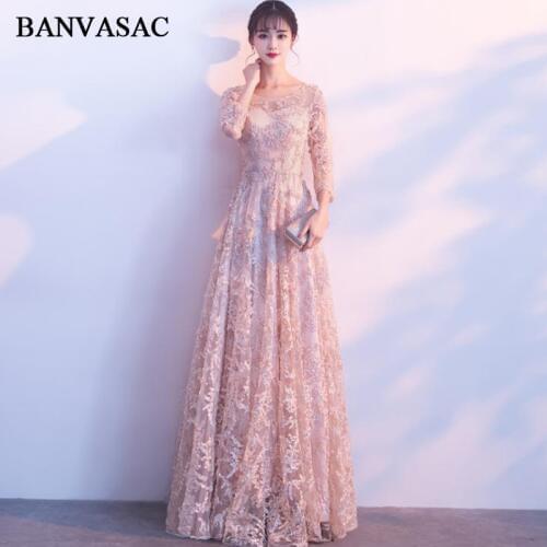 BANVASAC 2018 O Neck Lace A Line Long Evening Dresses Embroidery Party Appliques Three Quarter Sleeve Prom Gowns