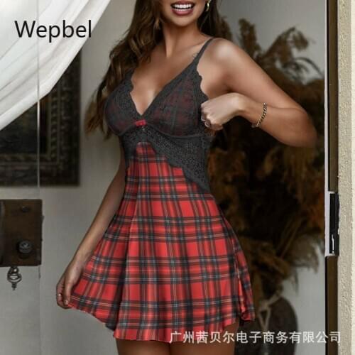 WEPBEL Sleeveless Stitching Mini Dresses Pink Lace Sexy Dress Women V-neck Spaghetti Strap High Waist Pajamas Nightdress