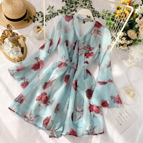 2021 New Sweet Lace-up Bow Neck Ruffled Chiffon Dress Women Long Flare Sleeve Floral Print Elegant Party Vestidos