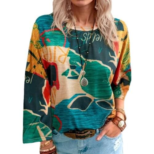 2021 Womens Loose Pullovers Tops Ladies Tee Casual Map print Shirts Long Sleeve Top Fashion T Shirt S-5XL