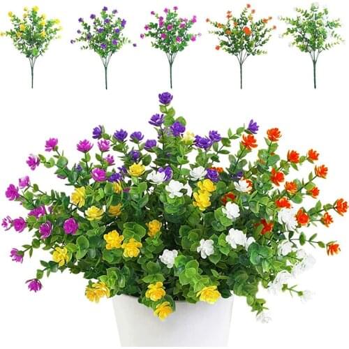 Artificial Flower Bouquets UV Resistant Greenery Plants for Outdoor Indoor Balcony Garden Office Wedding Party Decor 5pcs