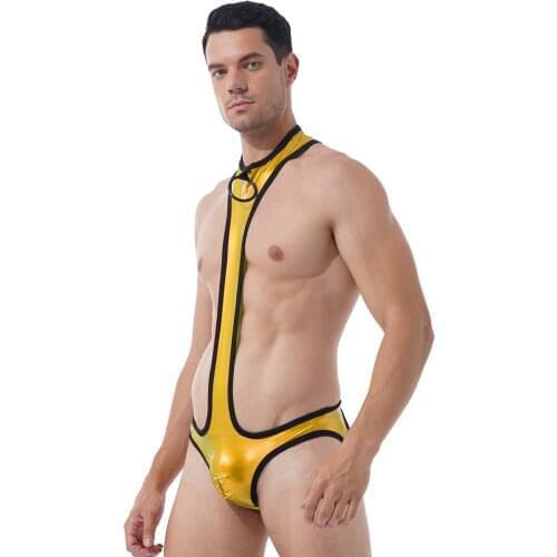 Mens O Ring Wet Look Patent Leather One-piece Bodysuit Round Neck Sexy Bulge Pouch Panties Open Butt Leotard Catsuit Clubwear