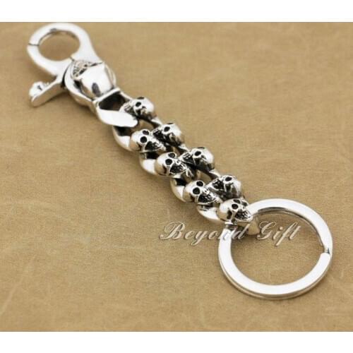 Punk Fashion Waist Pendant Solid 925 Sterling Silver Cool Mens Biker Skull Keychain Keyring 9N005KC