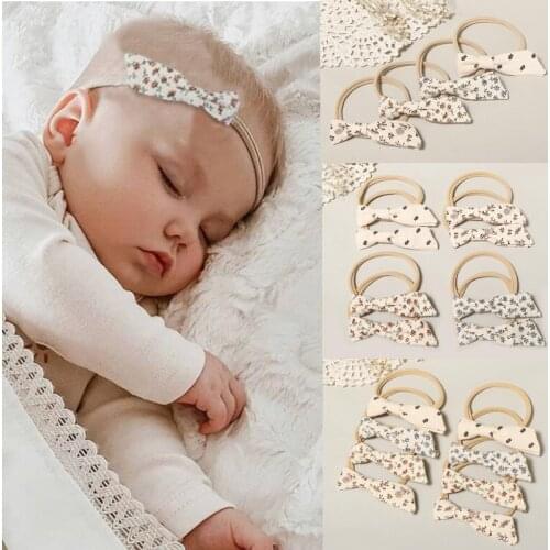 Boutique 2/4pcs/Set Nylon Traceless Baby Girls Headband Cotton Linen Printed Floral Infants Hair Bands Kids Photo Prop Headdress