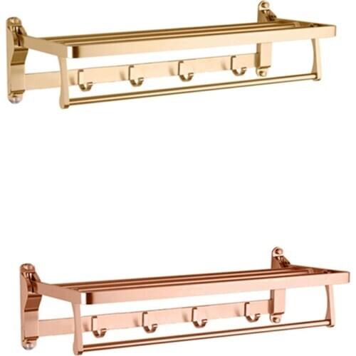Towel Holder Bathroom Space Aluminum Rose Gold Hanger Fold Matt Bath Towel Rack Wall Mount Washroom Shelf