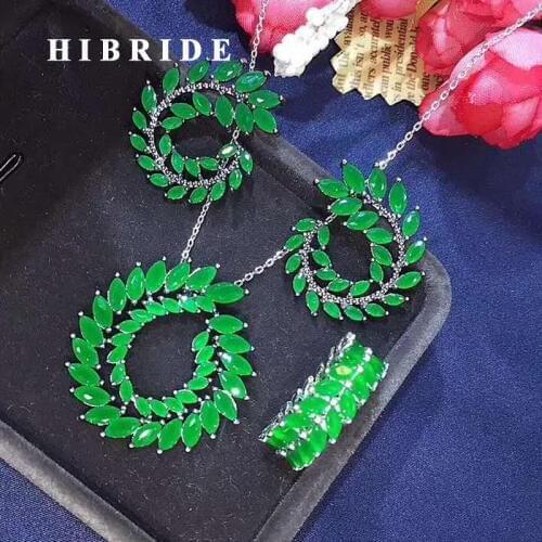 HIBRIDE Luxury Green Cubic Zircon Women Jewelry Sets Bridal Wedding Necklace Pendant Ring Earring Set parure bijoux femme N-296