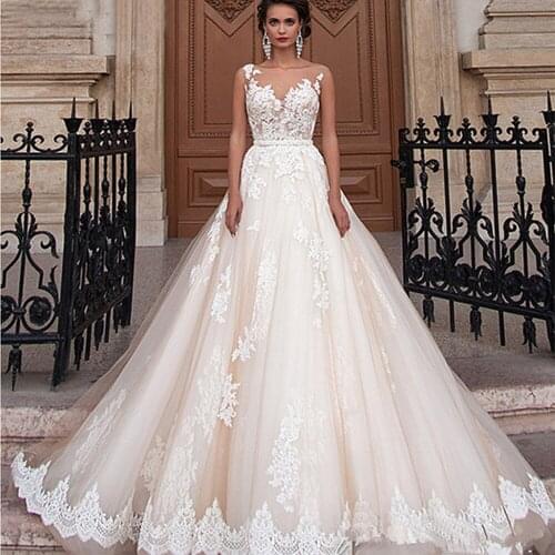 Cap Sleeves Champagnes Bridal Gown For Women Appliques Beaded Waist Illusion Tulle Back Lace A Line O Neck Wedding Dress A110
