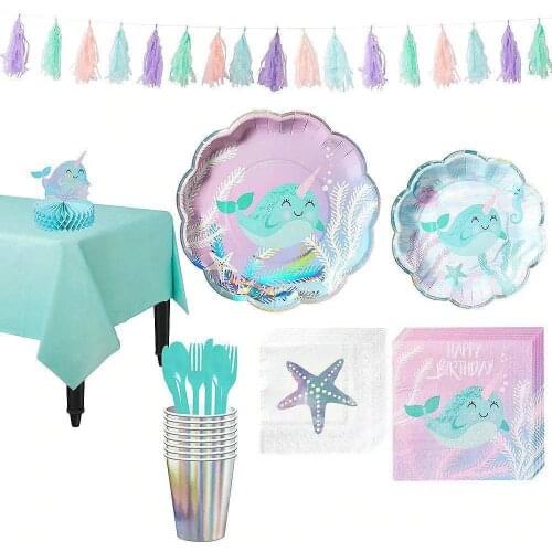 Marine theme narwhal shell birthday party Disposable Tableware set Paper Plate Cake Dish Cutlery