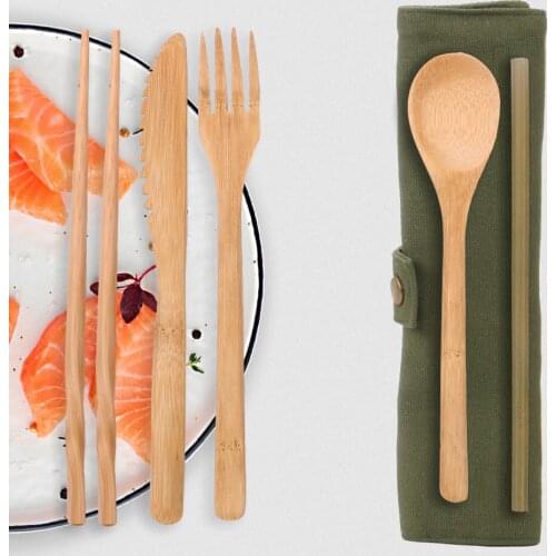 6pcs/Set Bamboo Tableware Wooden Cutlery Set Dinner Set With Cloth Pack Gift Portable Tableware Travel Dinnerware Suit