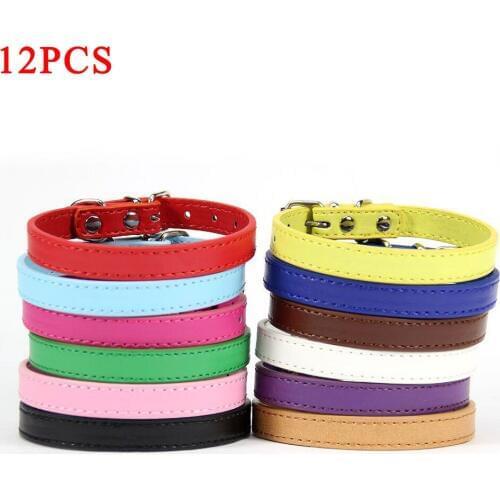 12 Pcs/Lot Soild PU Leather Dog Collar Wholesale Pet Product Adjustable Puppy Neck Strap Collars for Small Medium Dog S M L