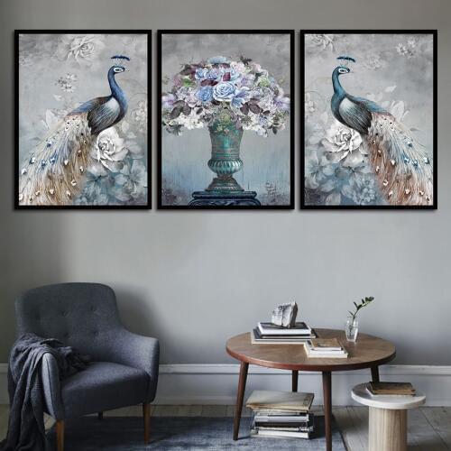 Peacock Vase Plant Nordic Print Modern Wall Art Canvas Art Painting Wall Pictures for Living Room Home Decor B5290
