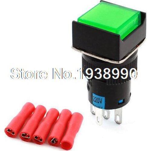 AC 220V Green Lamp 16mm SPDT Locking Push Button Switch + 5pcs Female Terminals
