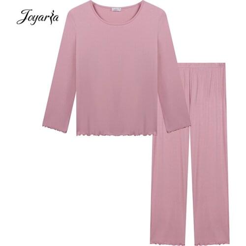 Joyaria 2 Pieces Pajamas Set Soft Cute Round Neck Autumn Long Sleeve Pj Pants Set Sleepwear Nightgown For Female Ladies