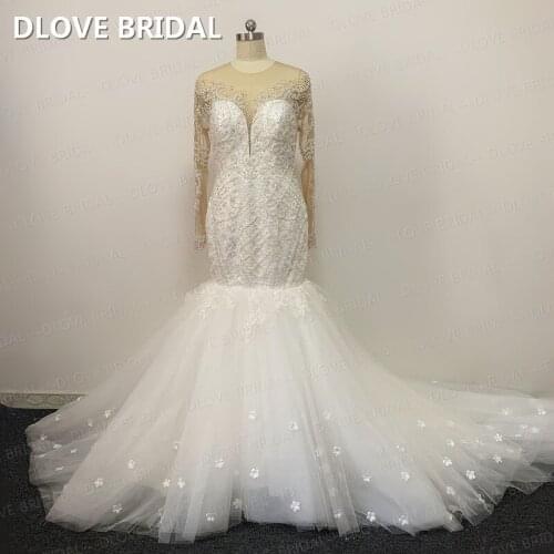 Luxury Mermaid Wedding Dress Factory Custom Made Delicate Beaded Bridal Gown with Flower Skirt