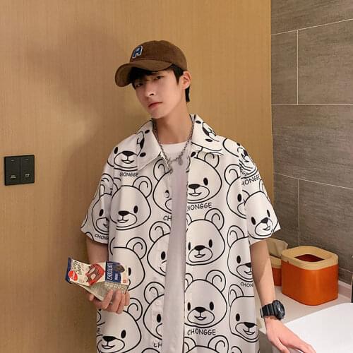 Spring Summer Printed Bear Short Sleeve Shirt For Mens Casual All-match Tops Male Clothes Cartoon Loose Coat Shirts Streetwear