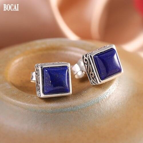 BOCAI 2021 Trend Real S925 Silver Jewelry Handmade Square Lapis Lazuli Earrings Antique Geometric Style Exquisite Woman Earrings