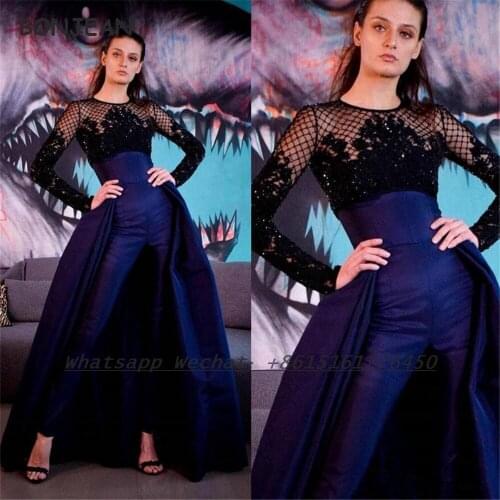 2021 Navy Long Sleeve Jumpsuit Evening Dress Lace Top Appliques Floor Length Elastic Satin Evening Prom Party Gowns