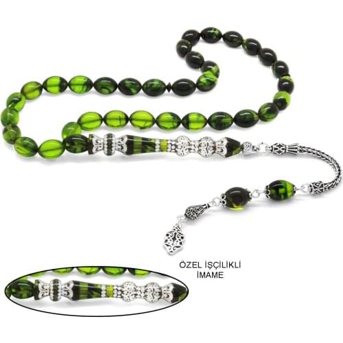 Tesbihane 925 Sterling Silver Tassels Silver Double Balconied Nakkaş İmameli Cottage Green Fire Amber Prayer Beads
