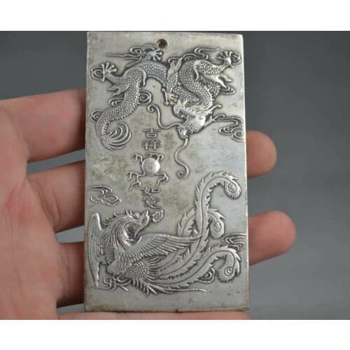 Tibet Silver Chinese Collectable Bullion thanka amulet Dragon and Phoenix