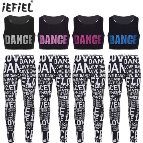 Kids Girls Sleeveless Shiny Letters DANCE Printed Crop Top Sports Bra+Pants Leggings Outfits Gymnastics Dance Stage Performance