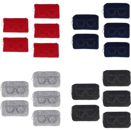 Pack of 5 Felt Eyewear Glasses Box Eyeglass Protective Case Sunglasses Pouch Storage Bag - Grey / Blue / Red