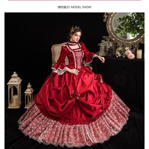 Real wine red lace ruffle princess rococo medieval ball gown fairy dress European court Gown queen Victorian Belle /ball gown