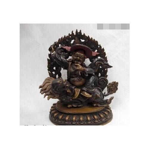 Xd 003103 Tibetan 100% purple Copper Bronze King Gesar Buddha Ride on Lion Foo Dog Statue