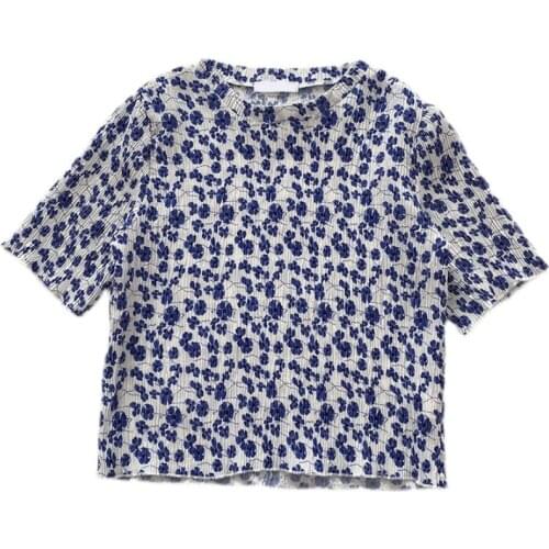 Summer new style Korean retro pleated blue floral round neck t-shirt for women