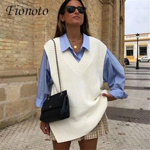 Women V Neck Sleeveless Knitted Sweater Vest 2020 Casual Jumper Autumn Winter Split White Korean Preppy Pullover Loose Top