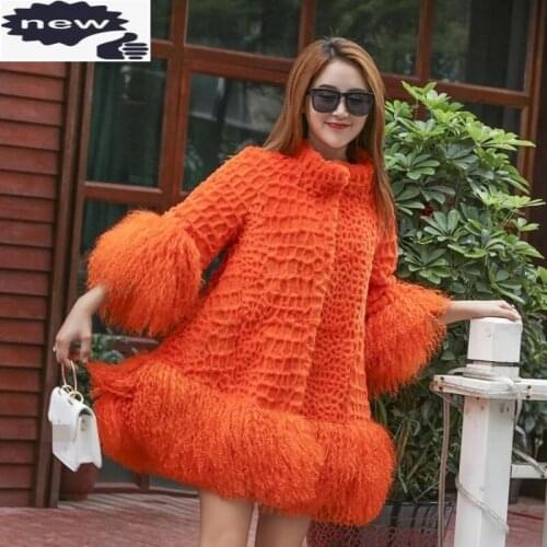 High Street Top Brand Rabbit Real Fur Womens Medium Length Coats Korean Sweet Tassel Three Quarter Sleeve Turtleneck Overcoats